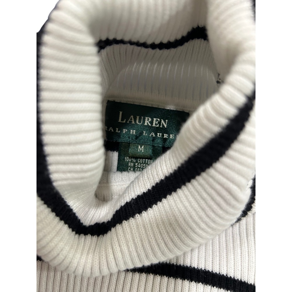 Lauren Ralph Lauren White Navy Striped Ribbed Short Sleeve Turtleneck Sweater - Picture 3 of 3